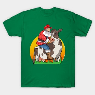 Farmer Santa Farming Farm Cow Merry Christmas T-Shirt